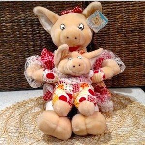 Vintage Pig and Piglet Plush, Farmhouse Mama, Kuddle Me Brand, EUC
